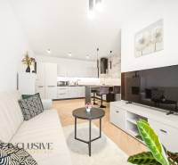 Living room with kitchen in a 4-room apartment with a wooden decor floor.