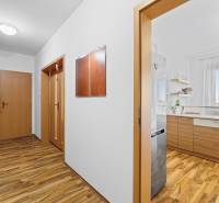 A hallway in a 2-room apartment with a wooden decor floor and a view into the kitchen.