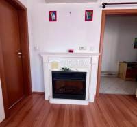A fireplace in an interior with wooden flooring and doors, located in a studio apartment.