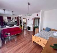 Living room with a red sofa, glass table, and kitchen in a studio apartment.