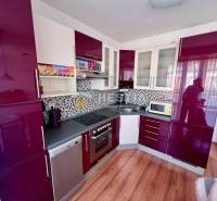 A kitchen in a studio apartment with glossy cabinets and mosaic on the wall.