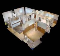 3D floor plan of a family house with a wooden decor floor.