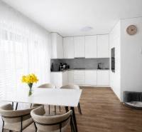 Dining table with chairs and a kitchen in a 3-room apartment with a wooden decor floor.