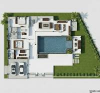 Floor plan of a villa in Pattaya with a pool, garden, terrace, and double garage.