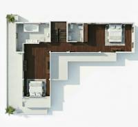 Floor plan of a villa with two bedrooms and a bathroom, utilizing a wood-patterned floor.