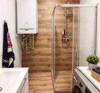 Bathroom in a 2-room apartment with a wooden decor floor and a shower corner.