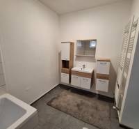 A bathroom in a family house with white furniture and dark tiles.