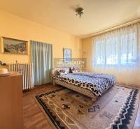 Bedroom in a family house with wood-patterned flooring, a large window, and carpets.