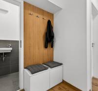 Entrance hall in a 2-room apartment with a bench, coat hooks, and a sink, floor with wood decor.