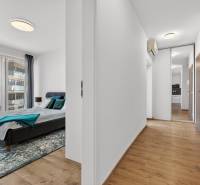 A bedroom with a large window and a hallway with a wooden decor floor in a 2-room apartment.