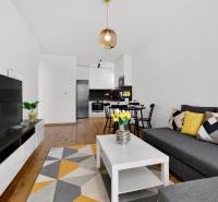 Living room in a two-room apartment with a sofa, table, and wooden decor flooring.