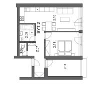 Floor plan of a 2-room apartment with a kitchen, living room, bathroom, and balcony.
