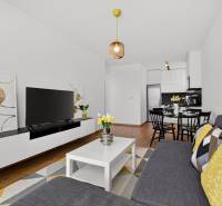 Living room in a two-room apartment with a wooden decor floor, a sofa, and a television.