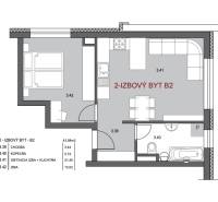 Floor plan of a 2-room apartment with a kitchen and bathroom, bright layout of rooms.
