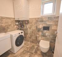 Bathroom in a family house with a sink, washing machine, and toilet.
