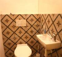 A bathroom in a family house with a sink and a toilet with decorative tiles.