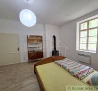 A room in a family house with a wooden decor floor, a bed, and a stove.