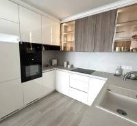 A kitchen in a 2-room apartment with white cabinets and a wooden decor floor.