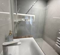 Bathroom with a shower and a sink in a 2-room apartment with a wooden decor floor.