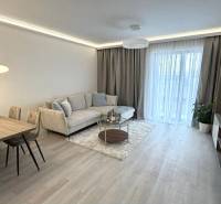Living room in a two-room apartment with a wooden decor floor, a sofa, and a dining table.