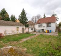 The garden and buildings of the family house on Zelenečská Street in Trnava surrounded by trees.