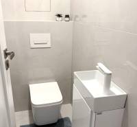 A toilet with a sink in a 2-room apartment, light tiles and a blue carpet.