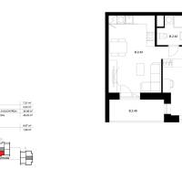 Floor plan of a 2-room apartment with a loggia, bathroom, and living room with kitchen.