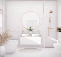 Luxury bathroom with a bathtub and double sink, white marble in a 4-room apartment.