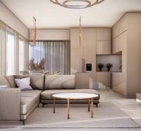 Living room with a sofa, table, and kitchenette in a 4-room apartment.