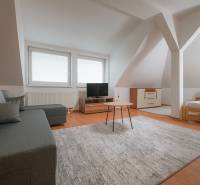 Attic room in a 2-room apartment with a sofa, carpet, and wooden decor flooring.