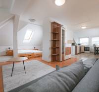 A bright interior of a 2-room apartment with a wooden decor floor and a kitchenette.