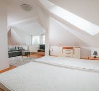 Interior of a 2-room apartment with a bed, sofa, and floor with wooden decor.