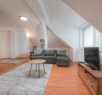 Living room in a two-room apartment with a gray sofa and a wooden patterned floor.