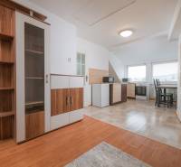Living room with wood-decor flooring and kitchen in a two-room apartment.