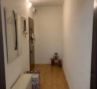 A narrow hallway with white walls, a wooden decor floor, and minimalist furniture.