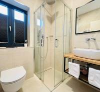 Bathroom in the villa with a shower and a sink on a wooden decor.