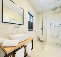 A bathroom in a villa with modern amenities, a shower cabin, and a countertop sink.