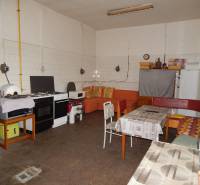 Interior of gastronomic spaces with equipped kitchen and sofa, floor with wooden decor.