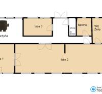 Floor plan of gastro spaces with a kitchen, three rooms, and sanitary facilities.