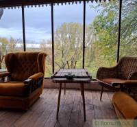A cottage with seating featuring antique chairs and a view of the autumn forest.