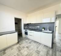 A kitchen in a 2-room apartment with white cabinets and a wood-patterned floor.