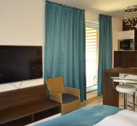 Studio apartment with a TV, wooden furniture, kitchen counter, and turquoise curtains.