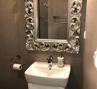 A bathroom in a studio apartment with a prominent mirror and sink.