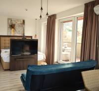 Interior of a 2-room apartment with wood-patterned flooring, a television, and a balcony.