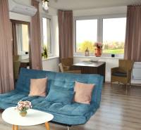 Living room with a sofa, table, plants, and a wooden-patterned floor in a two-room apartment.