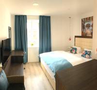 A bright room in a 2-room apartment with blue curtains and a wooden decor floor.