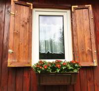 A window of a family house in Bohdanovce nad Trnavou with shutters and a flowerpot with red flowers.