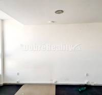 White walls with a large window and wood-patterned flooring in the office.