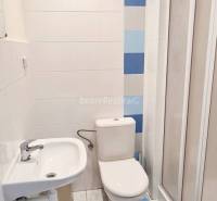 Office bathroom with ceramic tiles, a shower corner, and white tiles.