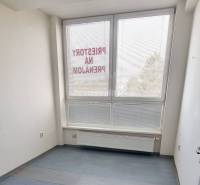 A small office with large windows and a wooden decor floor.